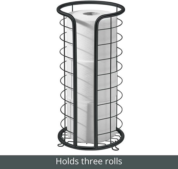 mDesign Metal Toilet Paper Holder Stand - Storage Reserve for 3 Rolls of Toilet Tissue - Freestanding Toilet Paper Holder - Stylish Bathroom Floor Toilet Paper Stand - Omni Collection - Matte Black