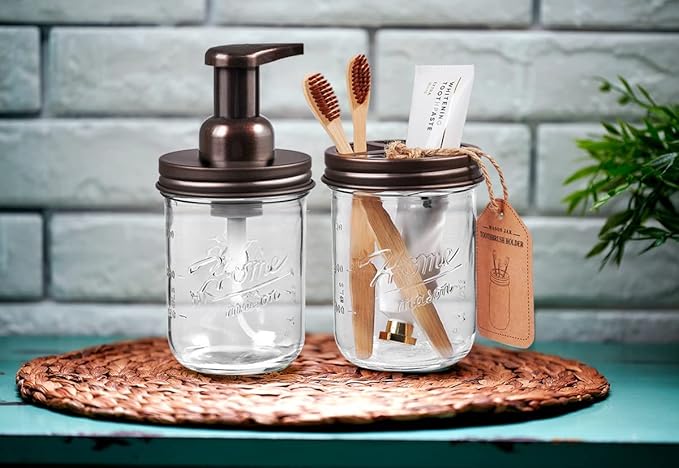 SheeChung Mason Jar Toothbrush Holders, Bathroom Accessories, Bathroom Essentials, Bathroom Organizers and Storage, Bathroom Countertop Organizer, Glass Toothbrush Holders for Bathroom-Bronze, 2Pcs