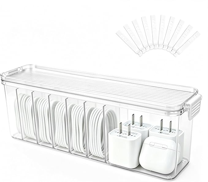 TexHome Cable Organizer Boxes Clear Charger Cable Storage Boxes with Lid and Cable Straps, Plastic Electronics Cord Organizer for Office Desk Home Drawer Accessories Storage, Clear