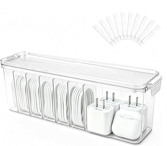 TexHome Cable Organizer Boxes Clear Charger Cable Storage Boxes with Lid and Cable Straps, Plastic Electronics Cord Organizer for Office Desk Home Drawer Accessories Storage, Clear