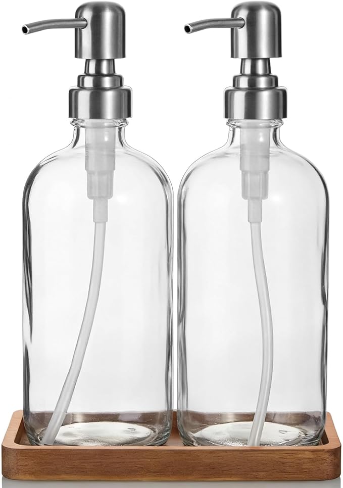 Clear Glass Soap Dispenser Set with Acacia Wood Tray, Refillable Hand Soap Pump Bottle for Kitchen, Bathroom Countertop, Modern Farmhouse Soap Dispenser Set