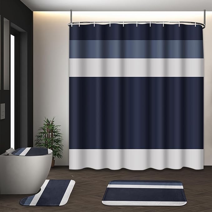 Striped Blue Shower Curtain Set with Toilet Lid Cover and Non-Slip Rugs for Bathroom, Minimalist Navy Geometric 4 Pcs Shower Curtain, Modern Bathroom Set with 12 Hooks