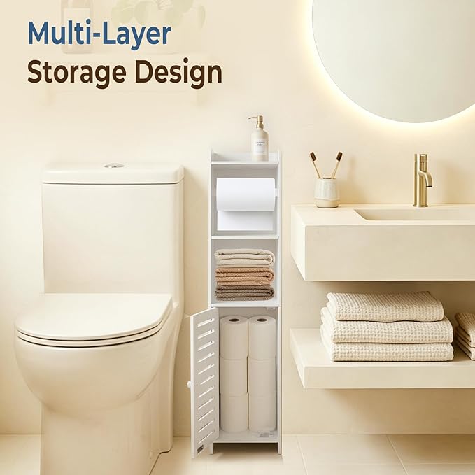 BorealBear Slim Bathroom Cabinet with Toilet Paper Holder Spindle, Fits Mega & Super Mega Rolls, Narrow Freestanding Floor Cabinet with Door and Shelves, Anti-Tip Wall Anchor Included