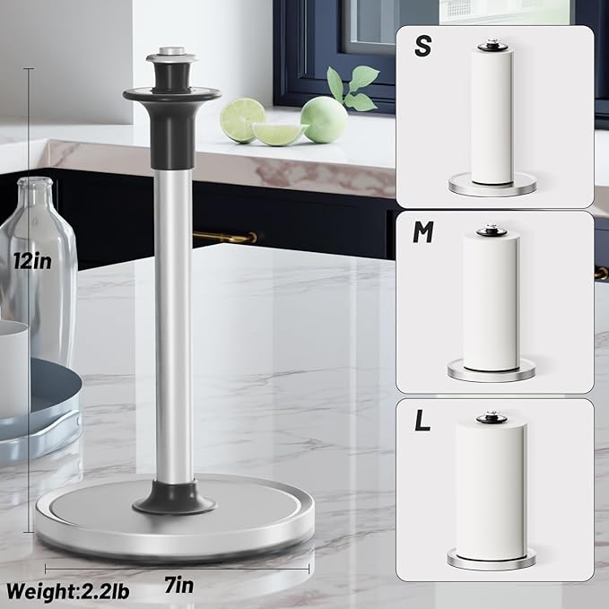 VEHHE Paper Towel Holder Countertop with Unique Damping Spring Structure for One-Handed Tearing, Stainless Steel Paper Towel Holder with Weighted Base and Suction Cups for Kitchen Bathroom, Silver