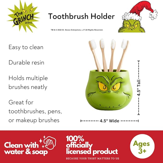Dr. Seuss The Grinch Holiday Christmas Toothbrush Holder - Makeup Brushes/Pens Tumbler, (Officially Licensed Product) by Franco