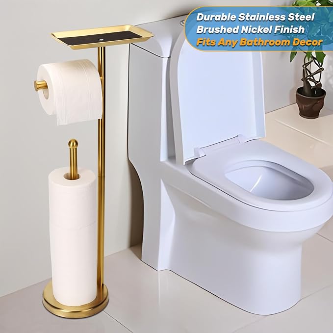 Exilon Toilet Paper Holder Stand for Bathroom Floor Freestanding Toilet Roll Dispenser Storages 4 Reserve Rolls, with Top Storage Shelf for Cell Phone (Brushed Gold)