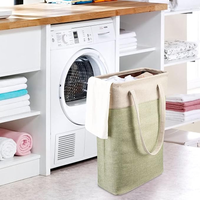 Laundry Basket with Handles Beige&Green Slim Laundry Bin Collapsible Dirty Clothes Basket Narrow Laundry Bag Foldable Dirty Hamper for Camping, Dorms, Apartments