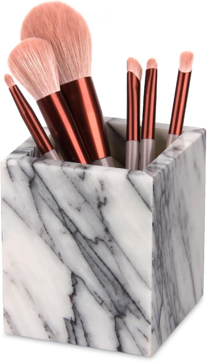 Natural Marble Toothbrush Holder for Bathroom Countertop (8.5x8.5x10cm) - Multifunctional Organizer for Makeup Brushes, Vanity Accessories & Utensils Sink (1, Lilac)