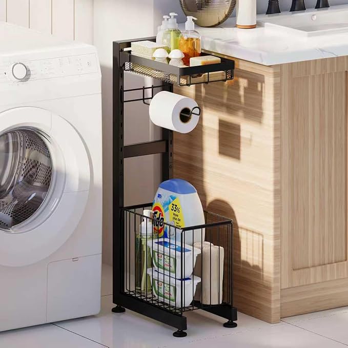 Toilet Paper Holder Stand with Storage Shelf - Multi Tier Metal Toilet Paper Stand with Large Basket for Tissue Rolls, Wipes (Black)