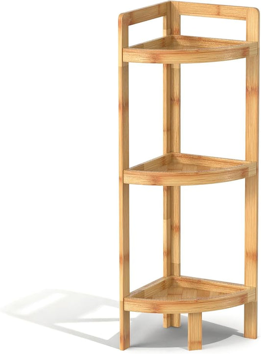 2026 New Bamboo Standing Shelf, 3 Tier Corner Shelf Stand, Free-Standing Shelf Units, Triangular Curved Corner Shelf Stand for Space-Saaving Display Ideal for Bathroom/Kitchen/Living Room Storage