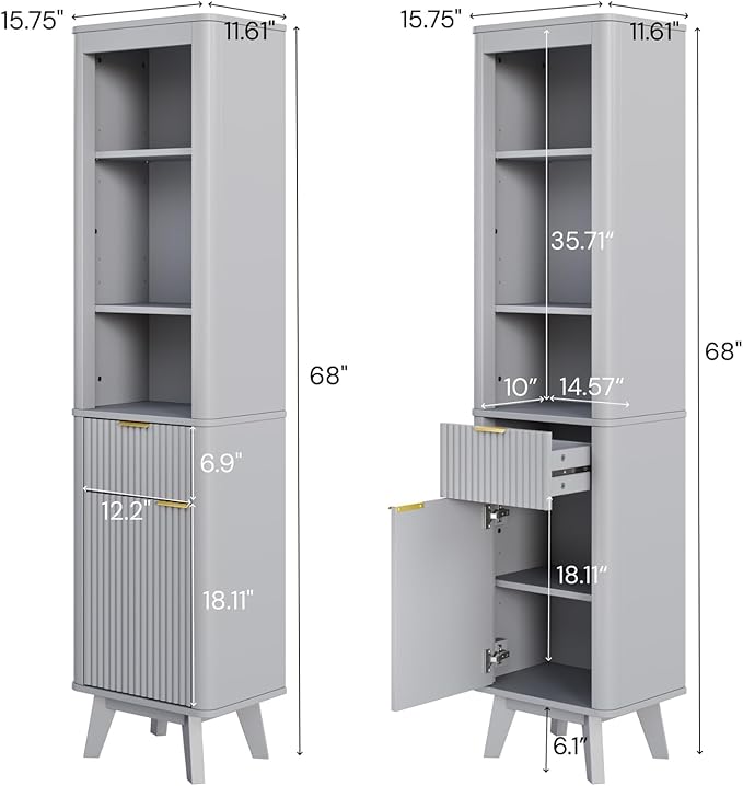 XIAO WEI 68" Tall Bathroom Storage Cabinet, Narrow Bathroom Storage Cabinets with 3 Adjustable Shelves, Slim Wooden Storage Cabinet with 1 Drawer & Door for Bathroom, Grey