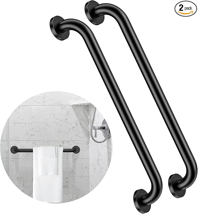 2 Pack 24 Inch Black Shower Grab Bars, ZUEXT Stainless Steel Bathroom Wall Grab Bar Handle, Shower Balance Bar, Safety Hand Rail Support,Handicap Elderly Senior Assist Bath Grab Handle(1.25" Diameter)