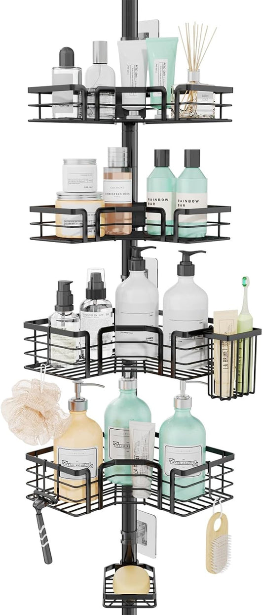SWTYMIKI Shower Caddy Tension Pole - 4-Tier Corner Shower Organizer Tension Rod with Soap Holder, Toothbrush Holder & 4 Hooks, Adjustable Stainless Steel Bathroom Organizer 27.6 to 108.3 inch, Black