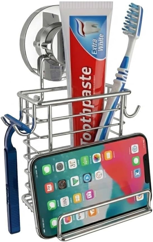 Toothbrush Holder Suction Cup Wall Mounted Toothpaste and Toothbrushes Holder Shelf for Soap Dish or Phone Powerful Vacuum System Rustproof Stainless Steel Organizer Electric Toothbrush (Silver)