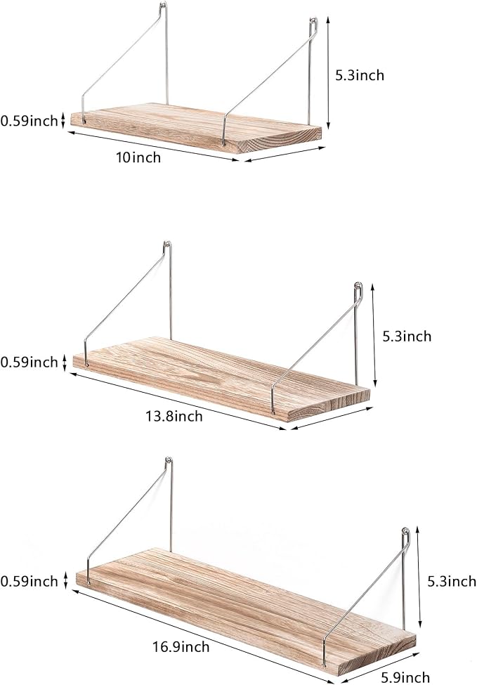 Floating Shelves Set of 3 Rustic Solid Wood Floating Shelf Wall Storage Shelves for Living Room, Bedroom, Bathroom, Kitchen Laundry, Office,no Drill Shelf (Light Color L+M+S)
