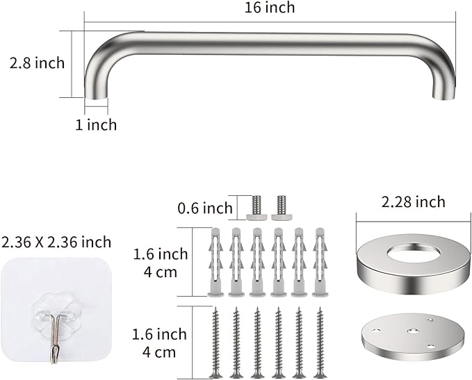 16 Inch Shower Grab Bar Satin Brushed Nickel, ZUEXT Stainless Steel Safety Grab Bar Handle, Bathroom Balance Bar, Safety Hand Rail Support - Handicap, Elderly, Injury, Senior Assist Bath Handle