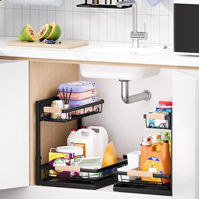 Expandable 2-Tier Under-Sink Organizer with Sliding Drawer – Adjustable Cabinet Storage Rack for Kitchen, Bathroom, Pantry, Heavy Duty Metal – Luxury Remedy