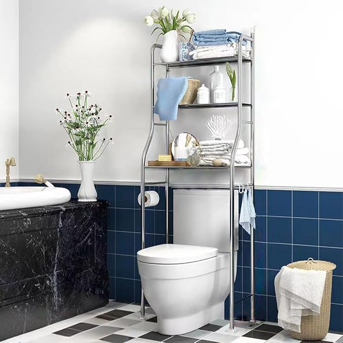 2-Tier Over The Toilet Storage, Freestanding Metal Bathroom Shelves, Above Toilet Storage Rack with Hooks and Paper Holder, Space-Saving, for Bathroom Restroom Laundry, Stainless Steel