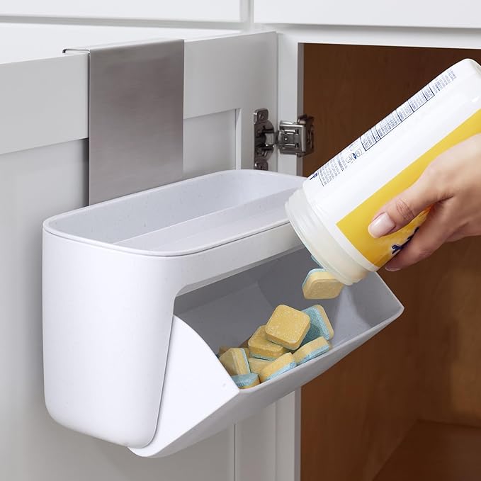 YouCopia DoorStash™ Dishwasher Pod Holder with Lid, Hanging Storage Container for Detergent, Speckled White
