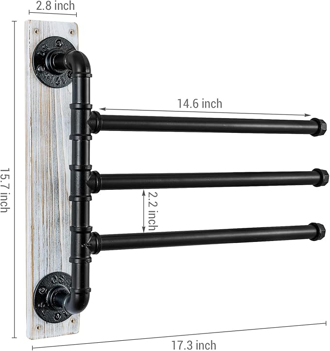 MyGift Swivel Towel Rack, Wall Mounted Towel Holder with 3 Tier Industrial Metal Pipe Towel Bars, Wooden Base Rustproof Swing Out Towel Hanger for Bathroom, Kitchen, Pool (White)