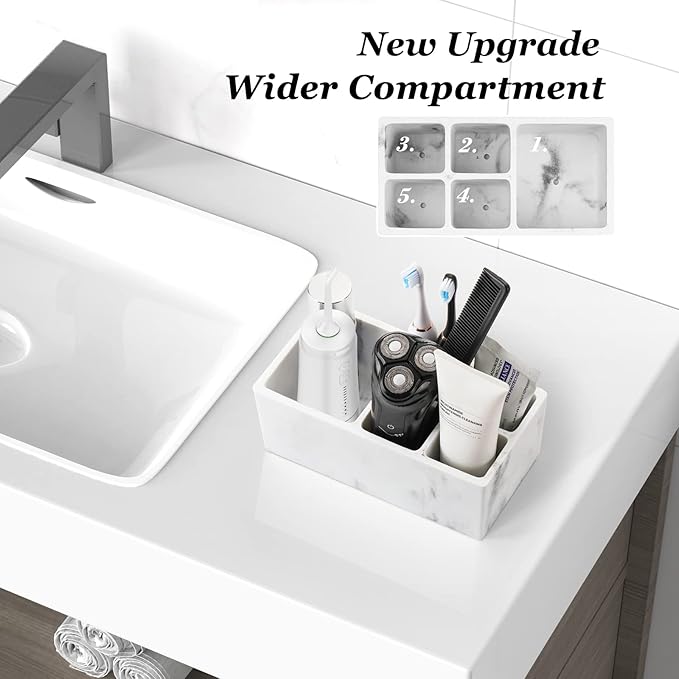 Luxspire Toothbrush Holder for Bathroom, 5 Slots Bathroom Counter Organizer Marble Toothbrush and Toothpaste Holder, Accessories for Restroom Bathroom - Gravel White