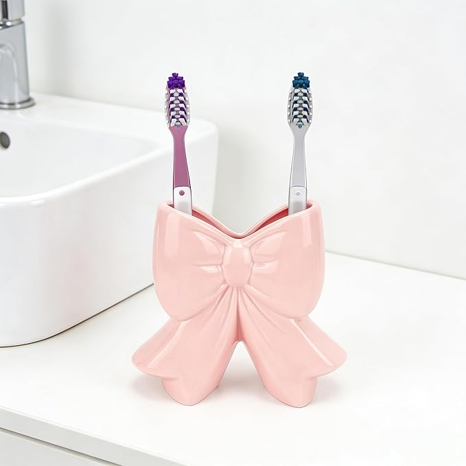Cute Toothbrush Holder, Ceramic Bow Toothbrush Holder, with Drain Hole Bathroom Countertop Accessories, for Bathroom Canister Storage Organization, Vanity Makeup Organizer (Pink)