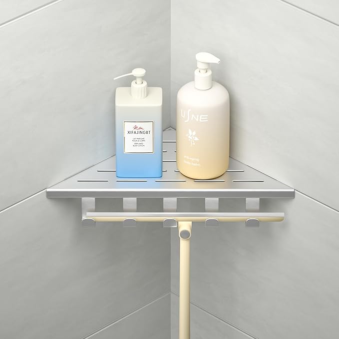 10'' Corner Shower Shelf, 304 Stainless Steel Shelves for Bathroom, Grout in Shelf with Hooks for Tiled Wall (Brushed)