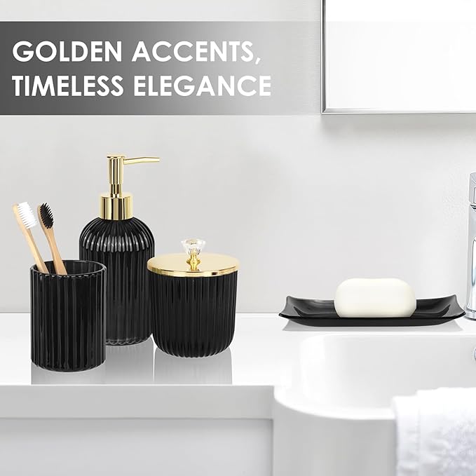 Designer Black Glass Bathroom Accessories Sets - 4 Pcs with Lotion Soap Dispenser, Bathroom Toothbrush Holder, Vanity Tray, and Apothecary Jar, Vintage Bathroom Decor, Gift Countertop Organizer