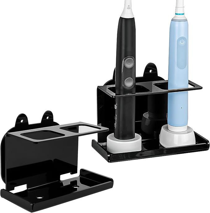 2Pack Electric Toothbrush Holder Wall Mounted, Electric Toothbrush Cord Organizer Holds 2 Chargers, Self Adhesive Electric Toothbrush Stand for Bathroom, Medicine Cabinet, Dorm(Black)