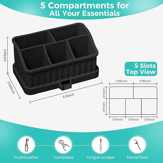 Silicone Toothbrush Holders for Bathrooms, 5 Slots Detachable Toothbrush and Toothpaste Holder, Bathroom Counter Organizer and Storage (Black)