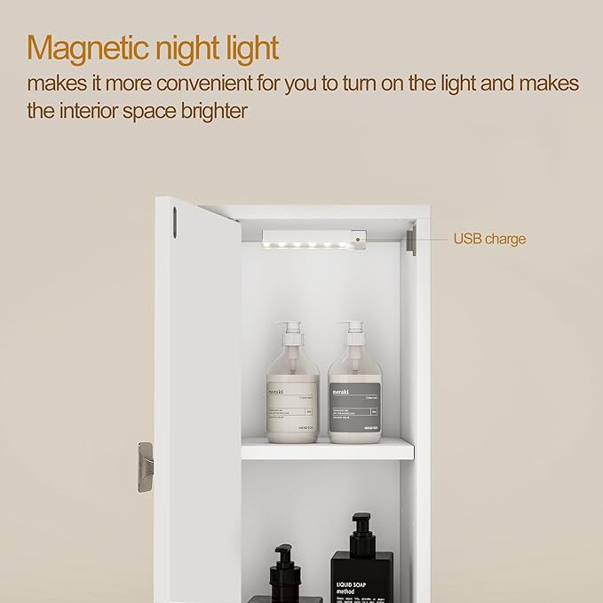 Tall Storage Cabinet, 7.9 Inch Narrow Bathroom Cabinet with USB Magnetic Light, Open Shelf, Magnetic Doors & Drawer, 5 Adjustable Shelves, Anti-Tip Kit for Small Spaces, Living Room, White, 70.9" H