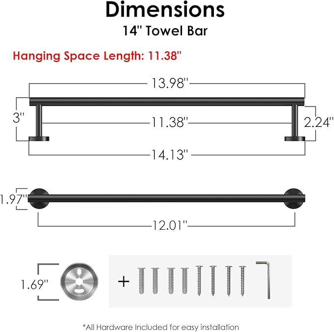 FORIOUS Towel Bar Wall Mounted, 12 inch Stainless Steel Towel Racks for Bathroom, Includes Wall Mounting Hardware (Matte Black, Total Length 14 Inch)