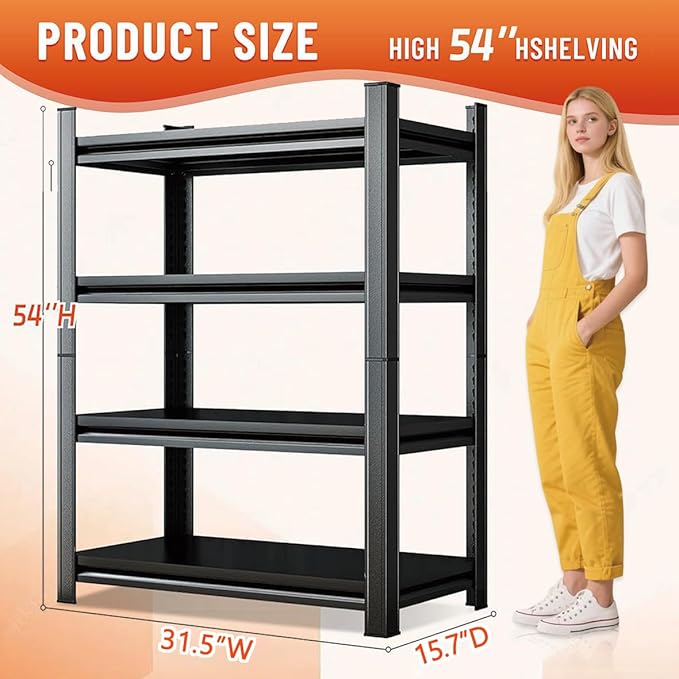 4-Tier Kitchen Shelf Organizer, Metal Pantry Shelves, Adjustable Storage Rack, Heavy Duty Metal Shelves for Pots, Pans, Bottles & Pantry Goods, Space-Saving, Black (54" Hx 31.5" W x15.7 D)
