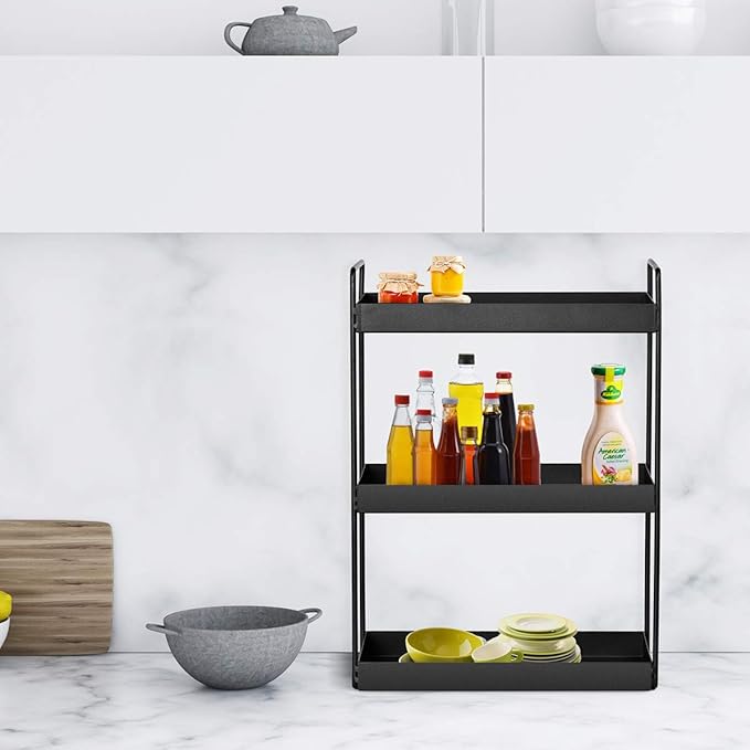 3-Tier Bathroom Countertop Organizer Vanity Tray Cosmetic & Makeup Storage Kitchen Spice Rack Standing Shelf, Black, 12.2" L x 6.7" W x 16.9" H, Iron