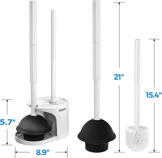 FORASTO 2Pack 2 in 1 Toilet Brush and Plunger Set, Extended Handle Plunger，Toilet Bowl Brush Plunger Set,Bathroom Cleaning Tools ，Toilet Brush Plunger Combo，Cleaning Brush，Cleaning Supplies(White)