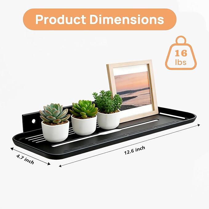 2pc Wall Mounted Floating Shelf, Self Adhesive Small Shelf, No Drill Shelves for Wall, Floating Shelves Damage-Free Expand Walls Space for Living Room Kitchen Bathroom (2, Black)