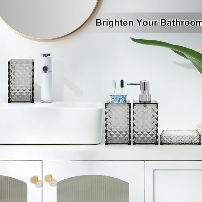 Bathroom Accessories Set, 4 Pcs Bathroom Decor Bathroom Sets Accessories, Diamond Soap Dispenser, Bathroom Tumbler, Soap Dish and Toothbrush Holder Set, Boho Bathroom Decor Grey