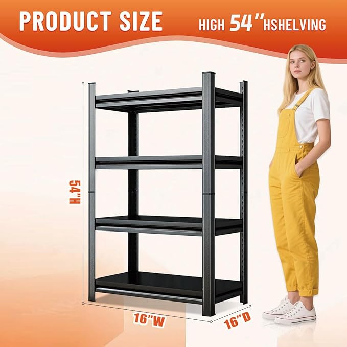 4-Tier Kitchen Shelf Organizer, Metal Pantry Shelves, Adjustable Storage Rack, Heavy Duty Metal Shelves for Pots, Pans, Bottles & Pantry Goods, Space-Saving, Black (54" H x 16" W x 16" D)
