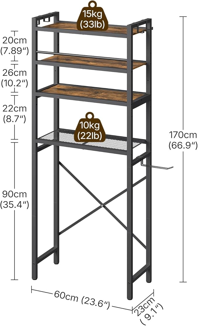 YATINEY Over The Toilet Storage Rack, 4-Tier Freestanding Bathroom Organizer Above Toilet, Toilet Shelf with Detachable Upper Shelves, X-Shaped Back Support, Rustic Brown and Black TR05BR