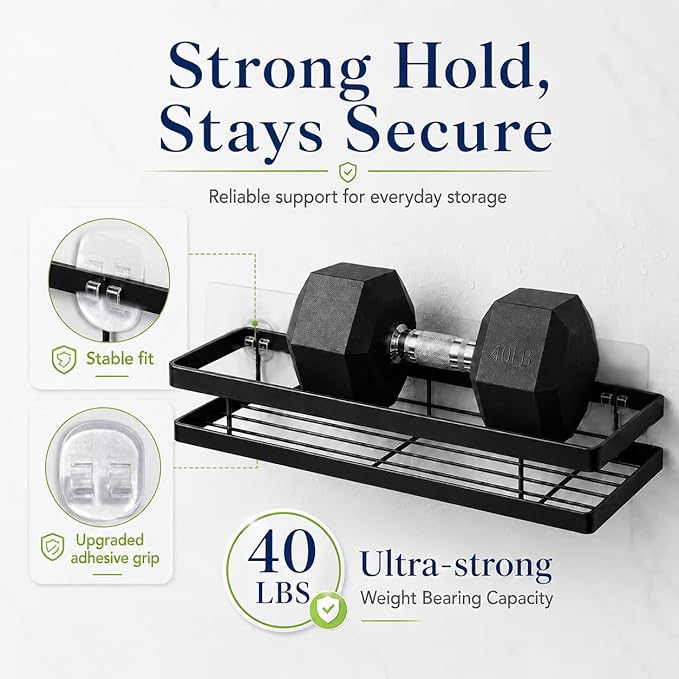 Strong Adhesive Shower Caddy Replacement, 6 Pack No Drill Adhesive Hooks for Bathroom & Kitchen Rack, Holds 40lbs, Waterproof & Transparent Strips for Tile, Glass, Smooth Walls