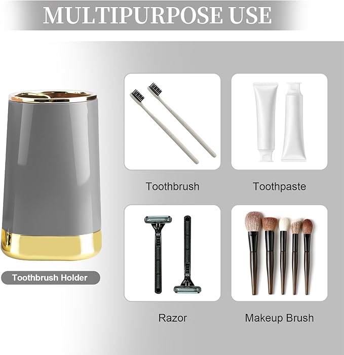 Bathroom Accessories Set, 2Piece Grey and Gold Bathroom Accessories Include Soap Dispenser and Toothbrush Holder for Modern Bathroom Decor