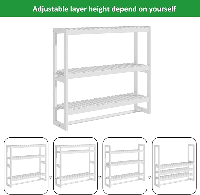 RRX Bathroom Shelf Storage Organizer, Bathroom Shelf 3-Tier Adjustable Layer Bamboo Organizer with Bar,Hanging, Freestanding Over Toilet Utility Shelves,White