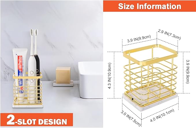 Toothbrush Holder, Luxurious Metal Toothbrush Toothpaste Holder with Marble Base for Bathroom, Multi-Slots Openwork Design, Bathroom Accessory for Storage and Organizer (Small, Gold)