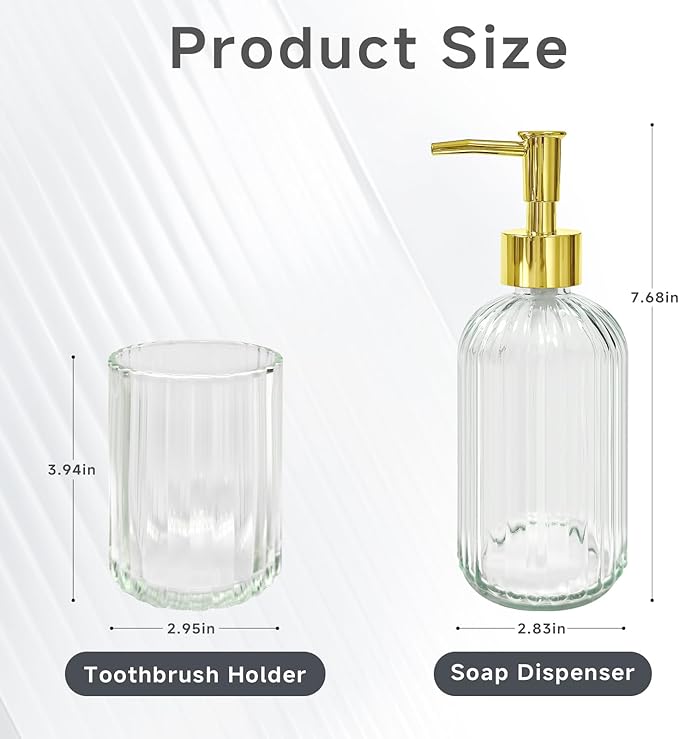 2 PCS Clear and Gold Glass Bathroom Accessory Sets, Clear Bathroom Set, Soap Dispenser and Toothbrush Holder Set for Modern Bathroom Decor
