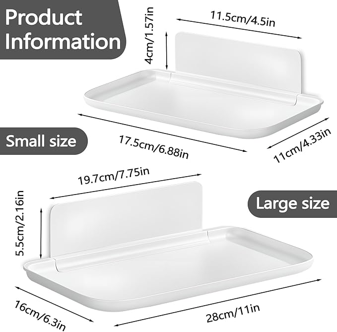 2 Pack White PP Folding Wall Shelf, 6.8" x 4.3" & 11" x 6.3" Foldable Adhesive Shelves, Small Fold-Down Wall Storage Tray for Bathroom Toilet Kitchen Phone Towel