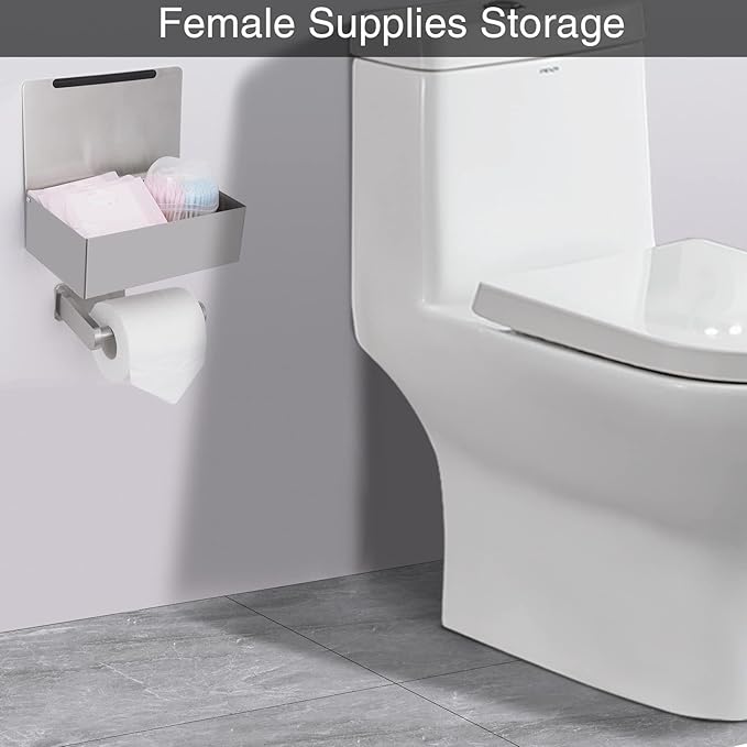 Adhesive Toilet Paper Holder with Shelf and Storage, Wall Mount Toilet Paper Roll Holder & Flushable Wipes Dispenser Set Fits Any Bathroom, Stainless Steel Tissue Holder-Round, Brushed Nickel