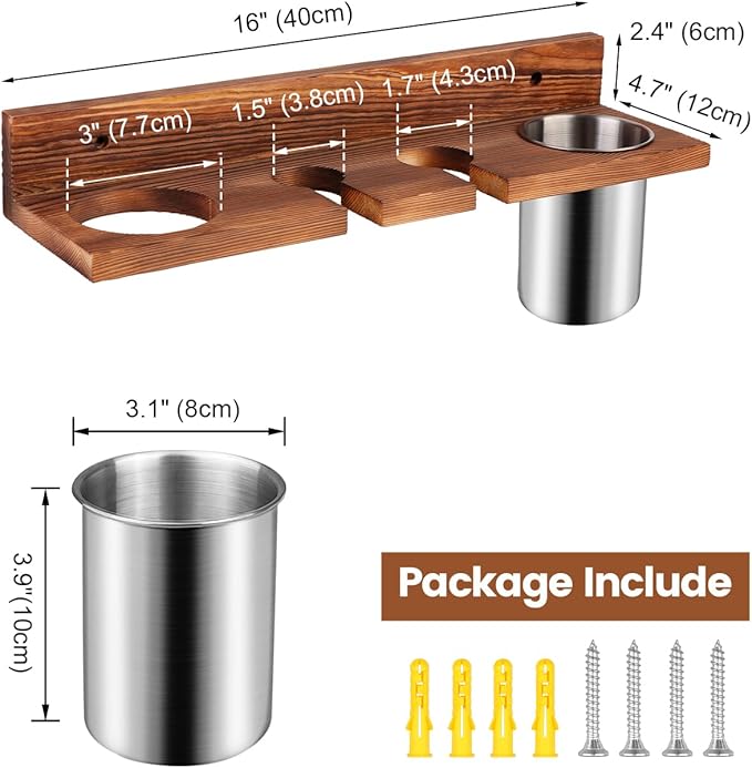 Hair Tool Organizer for Bathroom – Wall Mounted Hair Dryer Holder with Heat-Resistant Cups, Curling Iron & Straightener Rack, Blow Dryer Organizer for Vanity or Wall (Brown)