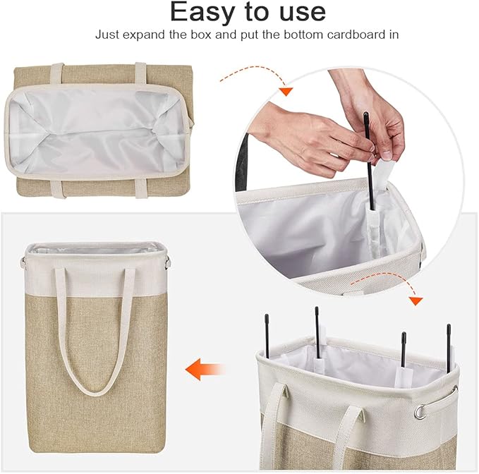 Laundry Basket with Handles Beige&Khaki-Slim Laundry Bin Collapsible Dirty Clothes Basket Narrow Laundry Bag Foldable Dirty Hamper for Camping, Dorms, Apartments