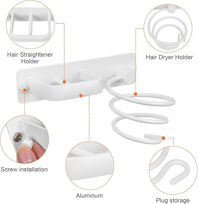 YUET Hair Dryer Holder Hairdryer Station Wall Mounted Shelf Bracket Straightener Stand Hanger Organizer Blow Storage with Cable Tidy Rack For Dressing Table Bathroom Aluminum Professional, White