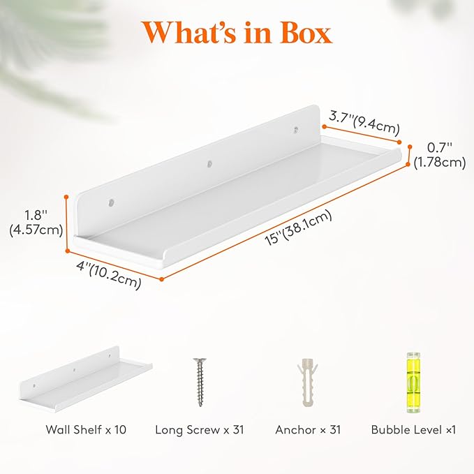 Lifewit Floating Shelves for Bathroom, Acrylic Wall Organizer for Perfume, Makeup, Figures, Nail Polish, Photo, Book, 14" Decor Display Rack for Nursery, Living Room, Bedroom, Kitchen, White, 10 Pack